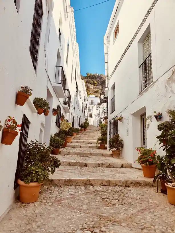 A picturesque, narrow cobblestone street in a white-washed Mediterranean town, ascending steeply between buildings adorned…