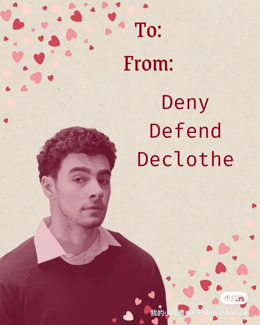 A man with curly hair and a collared shirt looks directly at the camera against a beige background with pink hearts…