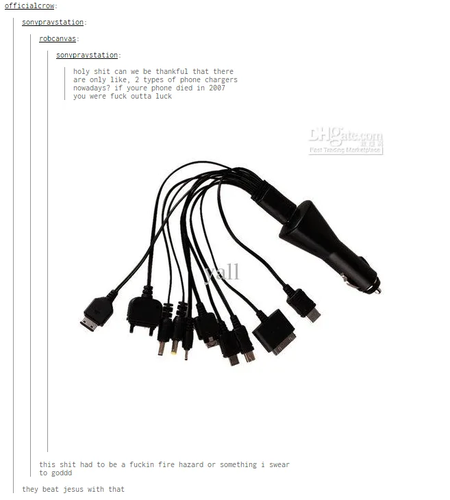 An image of a car charger with multiple cables ending in various obsolete phone connectors, overlaid with text lamenting the…