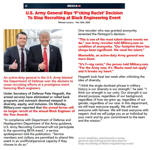 The image displays a screenshot of a Mediaite news article from February 10th, 2025, with a headline criticizing a U.S. Army…