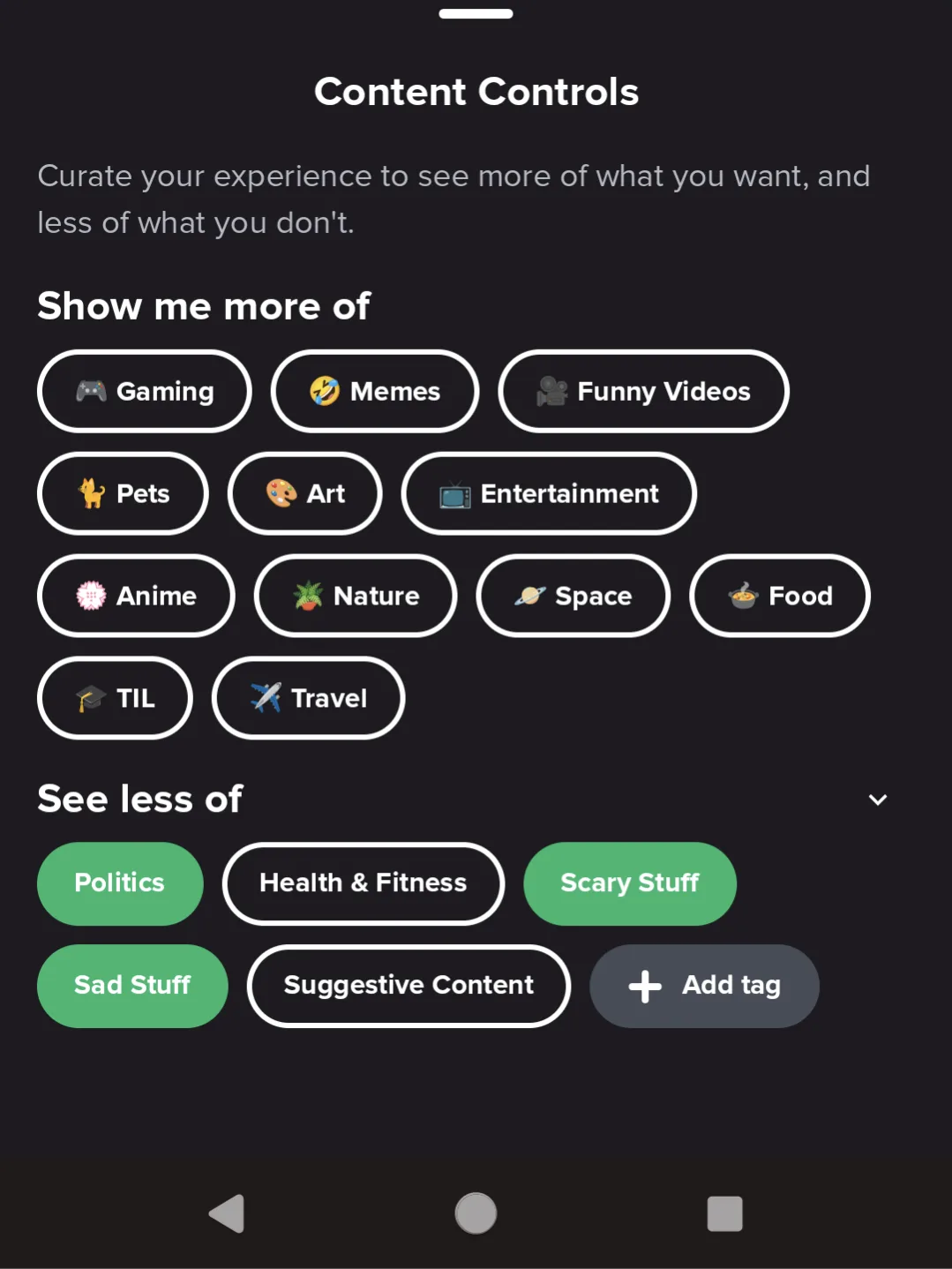 A screenshot of a 'Content Controls' settings page with options to 'Show me more of' categories like Gaming, Memes, and…