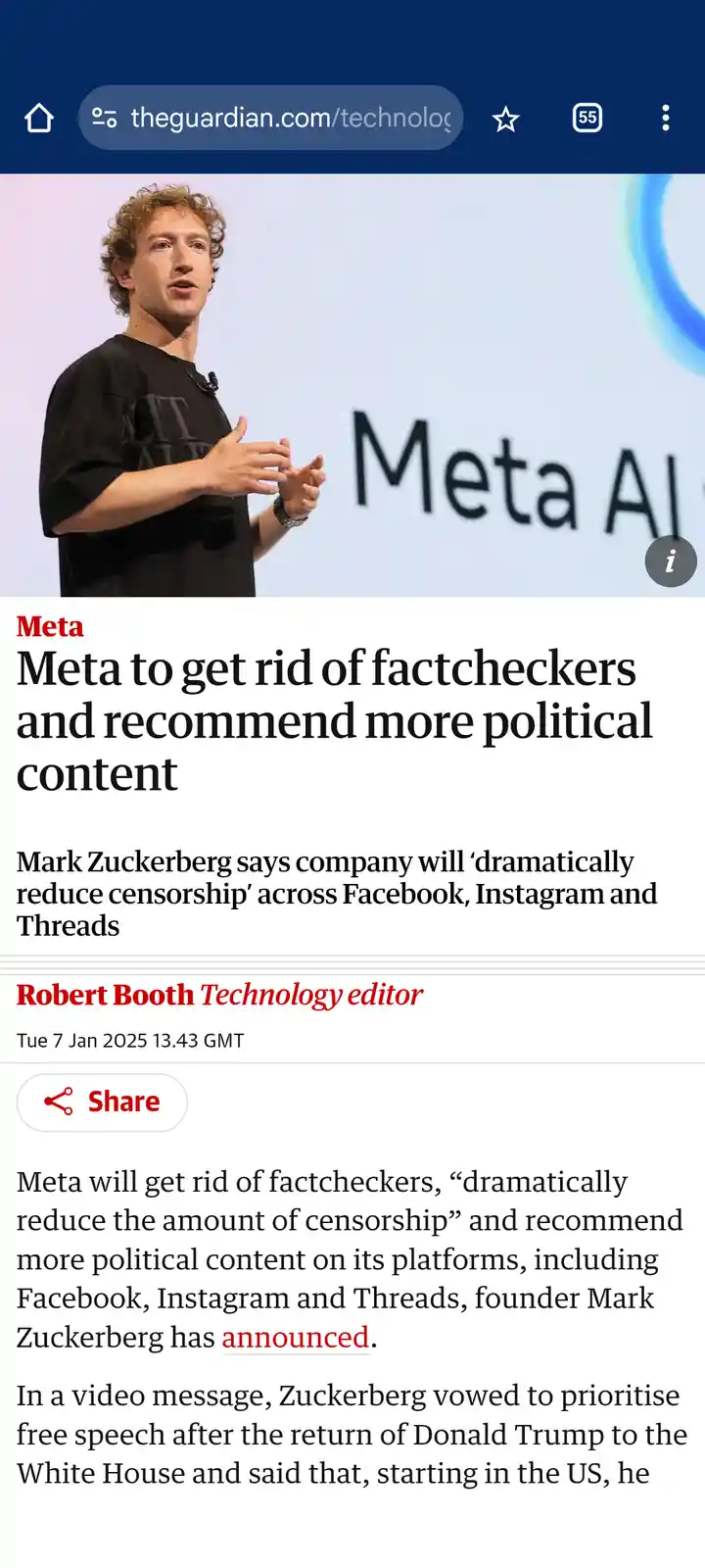 A screenshot of a The Guardian article headline showing Mark Zuckerberg speaking at a Meta event, with the headline 'Meta to…