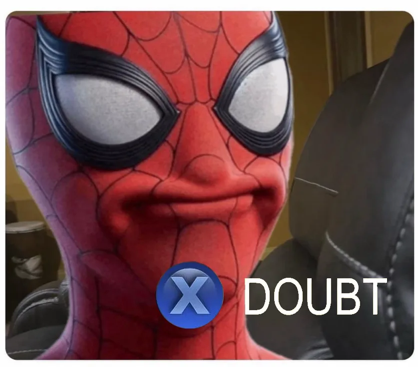 A close-up of a red Spider-Man costume head with a smug, self-satisfied smirk. Overlaid on the lower right is the blue…