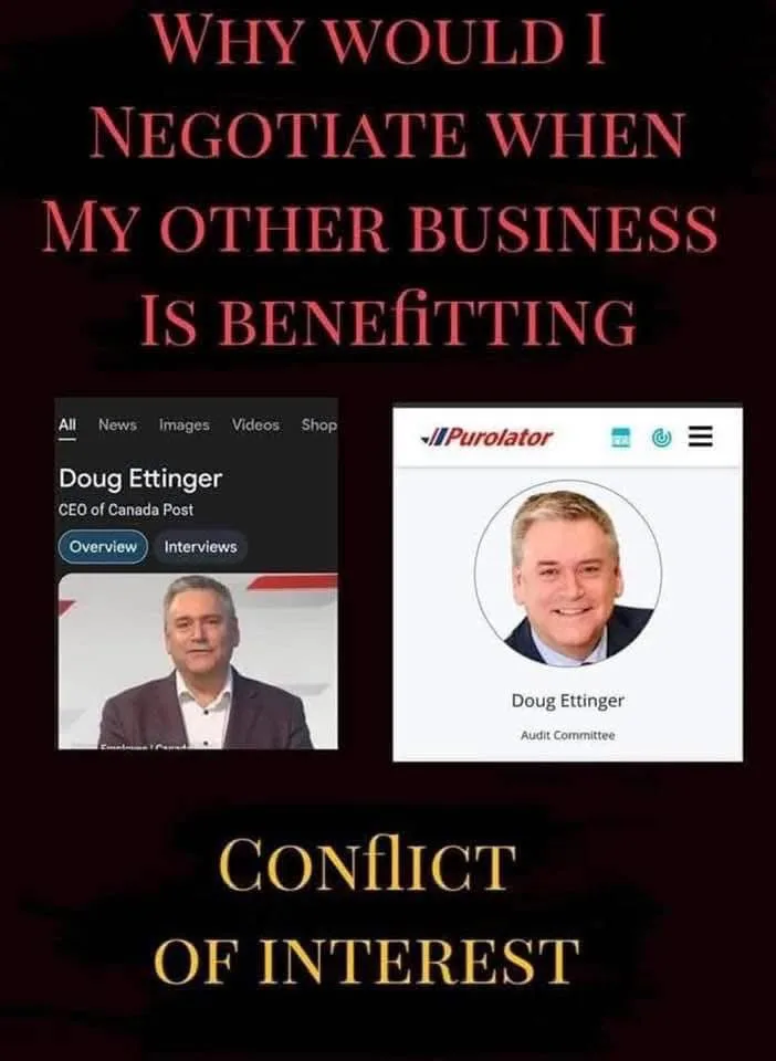 The image displays two side-by-side profile views of Doug Ettinger: one as CEO of Canada Post and another as a member of the…