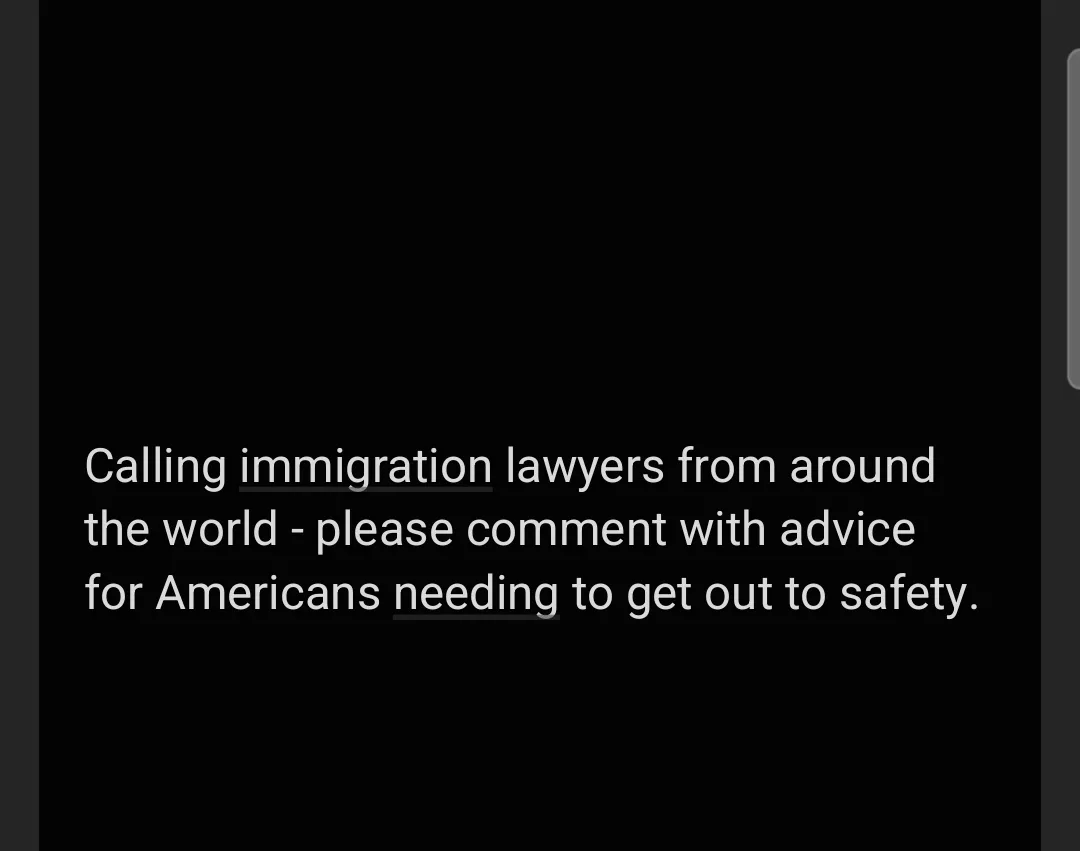 The image is a plain black background with white text that reads: 'Calling immigration lawyers from around the world…
