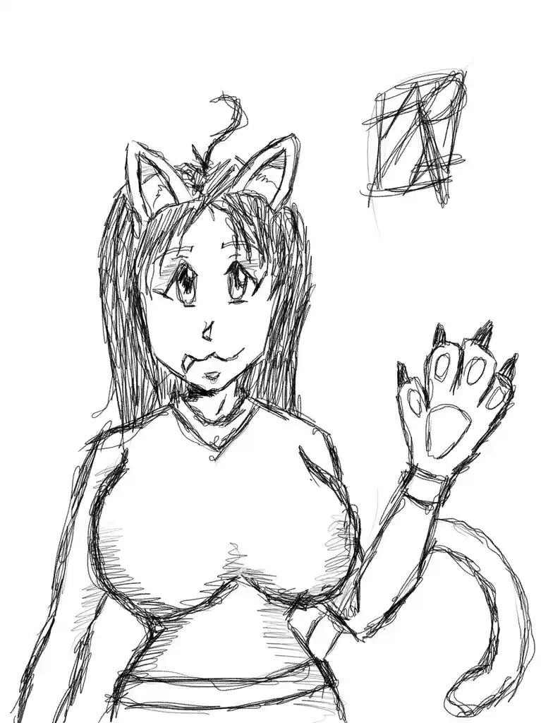A rough black-and-white sketch depicts an anime-style female character with cat ears, a tail, and a paw-like hand, waving…