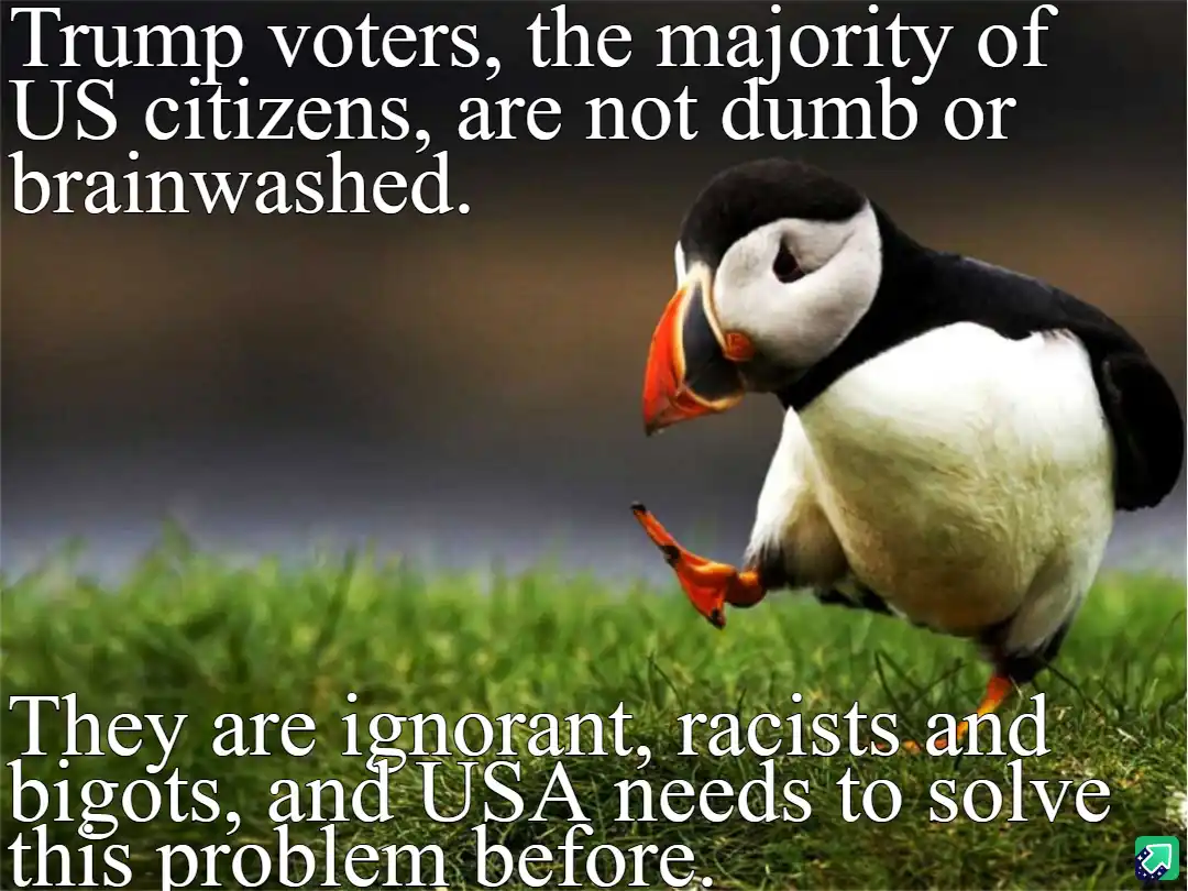 A photograph of a puffin standing on grass with its head tilted and one foot lifted, overlaid with two blocks of white text…