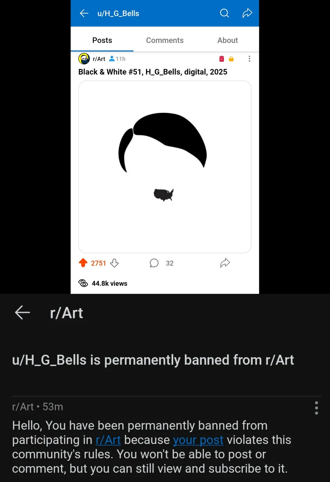 A screenshot of a Reddit post from r/Art shows a user named u/H_G_Bells with a minimalist black-and-white digital art piece…