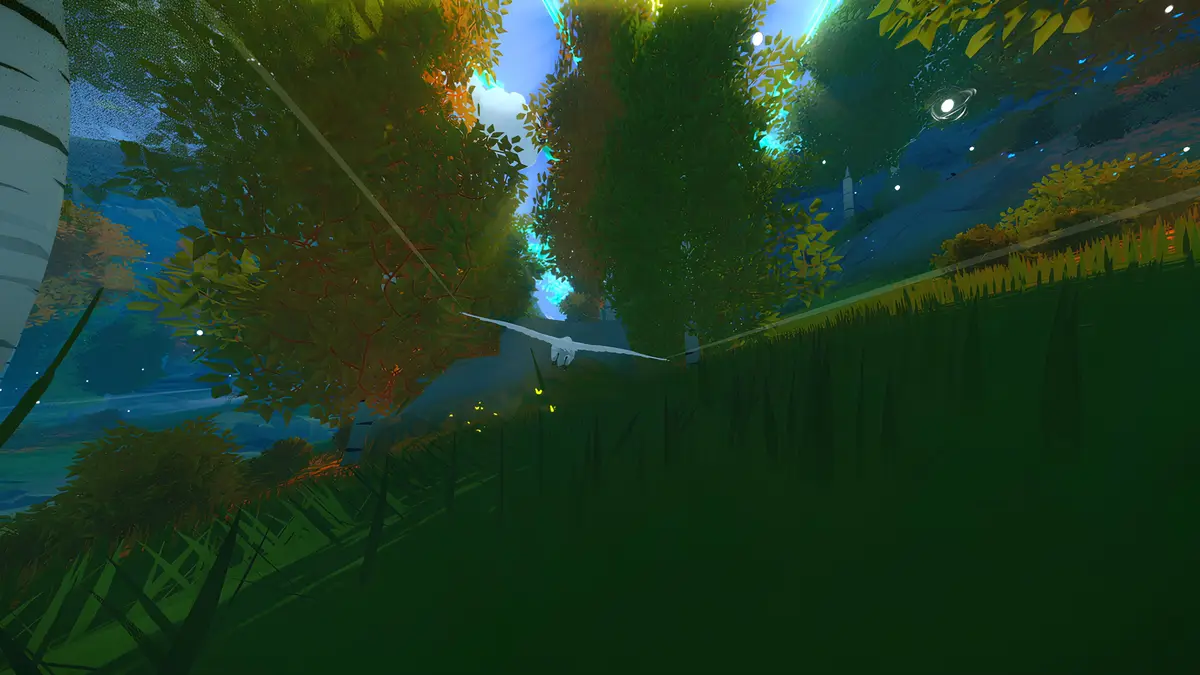 A serene, stylized forest scene with tall grass, trees, and a white bird flying through the air. The sky is blue with clouds…