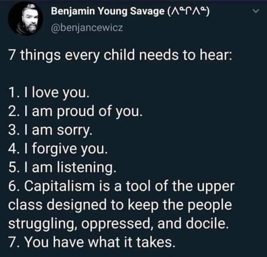 A screenshot of a tweet by Benjamin Young Savage (@benjancewicz) listing '7 things every child needs to hear,' with the…