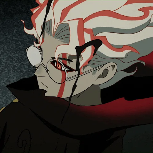 The image displays a six-panel grid of an anime character with wild red and white hair, red eyes, and glasses, wearing a…