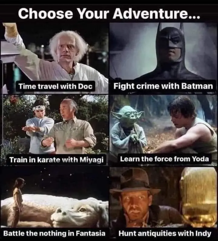A six-panel grid presents a 'Choose Your Adventure' scenario with iconic movie characters: Doc Brown (time travel), Batman…