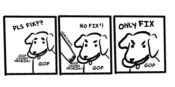A three-panel comic strip featuring a cartoon dog labeled 'GOP' in each panel. In the first panel, the dog asks 'PLS FIX??'…