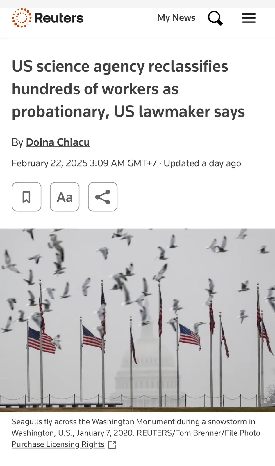 A Reuters news article screenshot shows a headline about a US science agency reclassifying workers, paired with a photo of…
