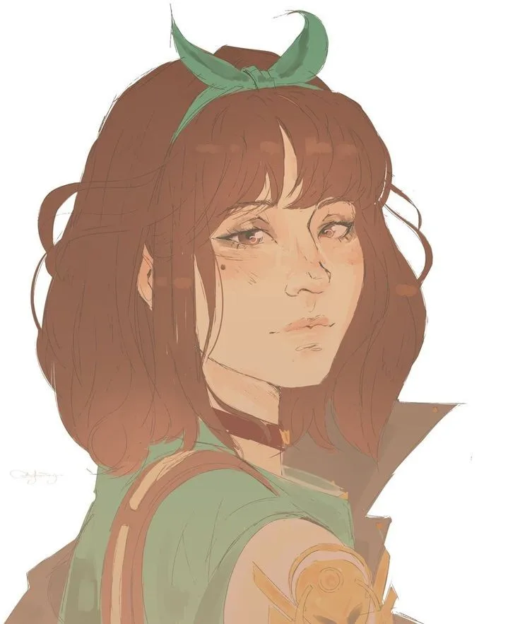A digital illustration of a young woman with brown hair tied back by a green ribbon, wearing a green top and armor-like…