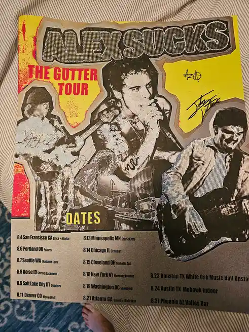 A hand-drawn, punk-style tour poster for a band called 'ALEX SUCKS' featuring a central image of a singer with a microphone…