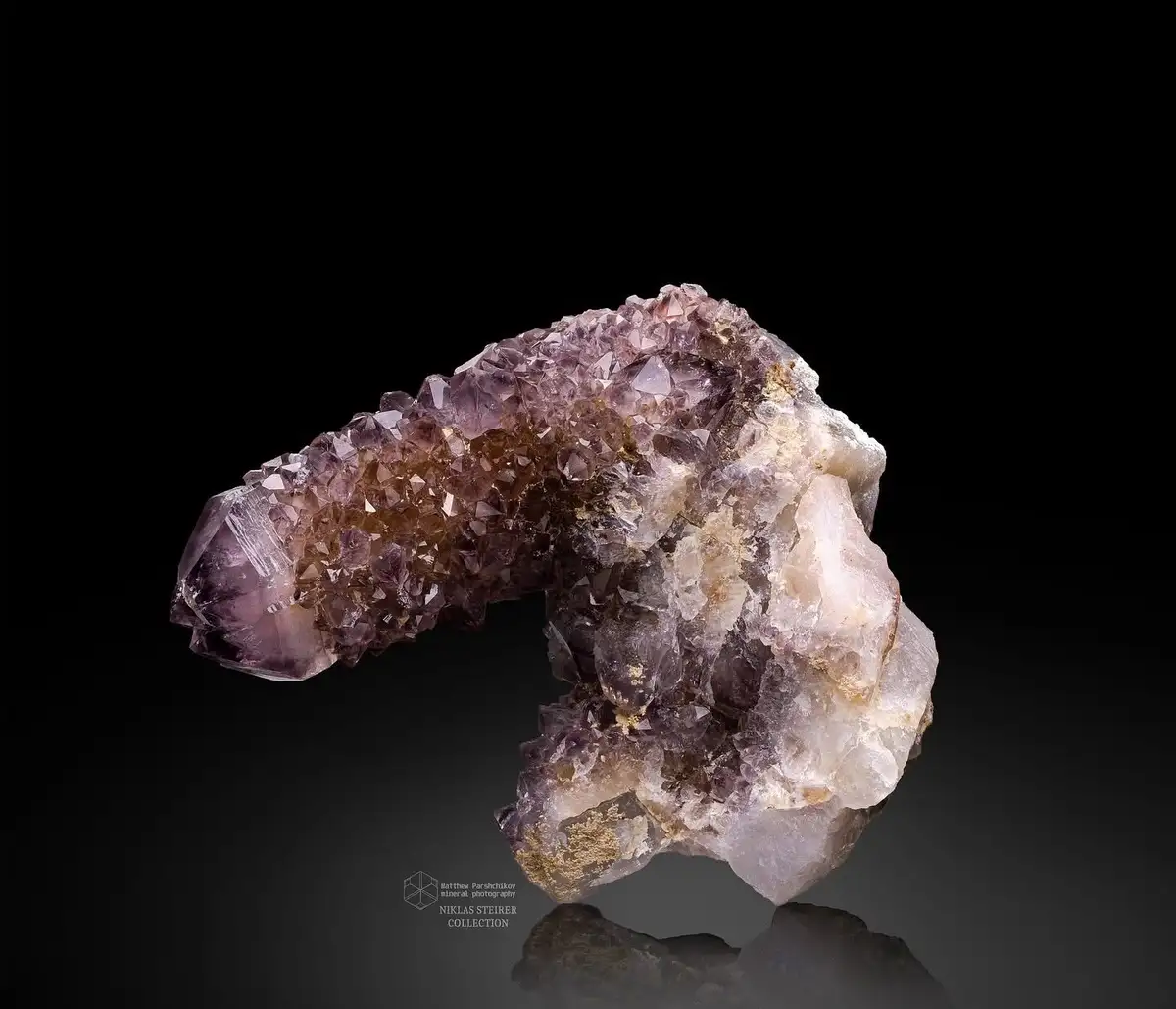 a professionally photographed amethyst geode with a curved, crystalline structure, featuring purple and white crystals…