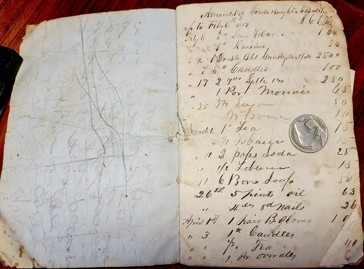 An old, yellowed ledger with handwritten entries of 19th-century purchases like tobacco, candles, and oil, dated up to…