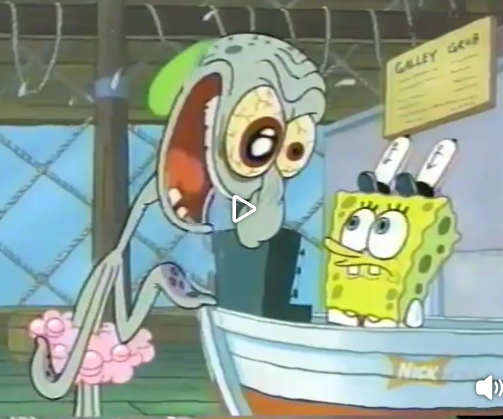 Squidward is shown with a horrified expression, mouth wide open in shock or disgust, while SpongeBob stands beside him…