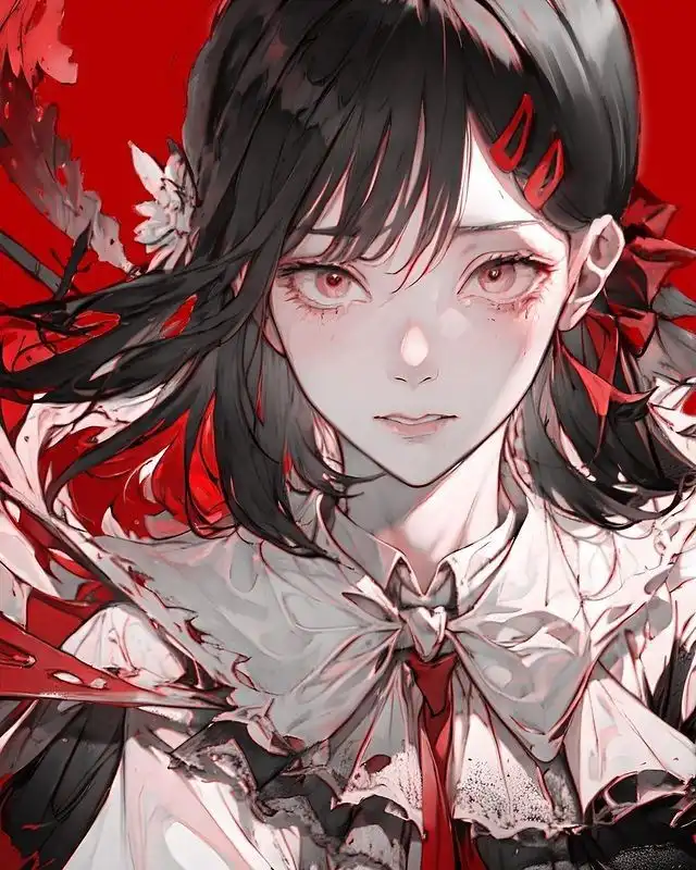 An anime-style illustration of a young woman with dark hair and red eyes, wearing a white blouse with a red ribbon and lace…