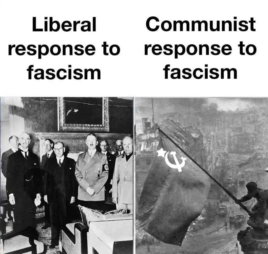 The image is split into two panels. The left panel shows a group of men in suits and military uniforms, including Adolf…