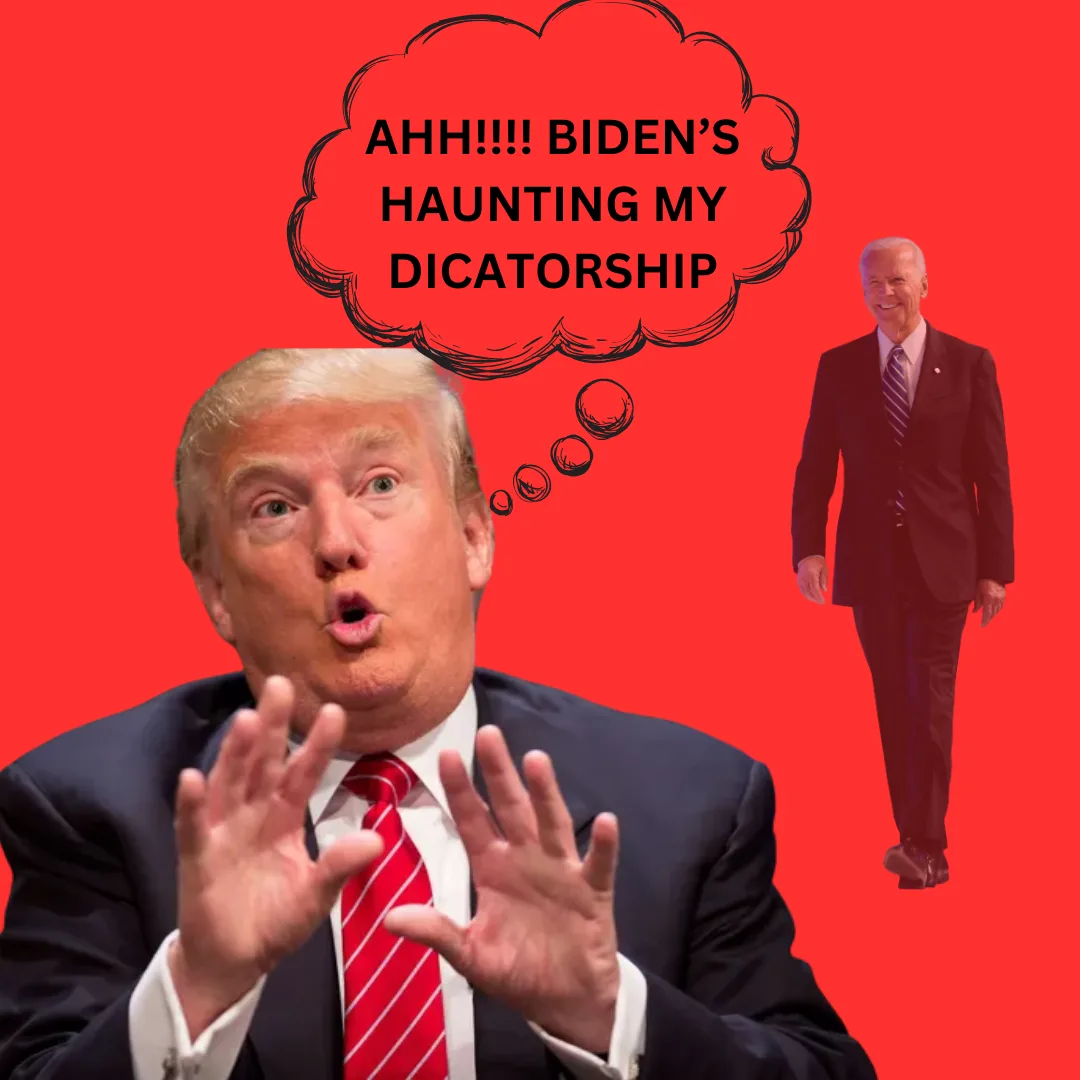 A photo of Donald Trump with his hands raised and mouth open, as if in shock or fear, against a solid red background. A…