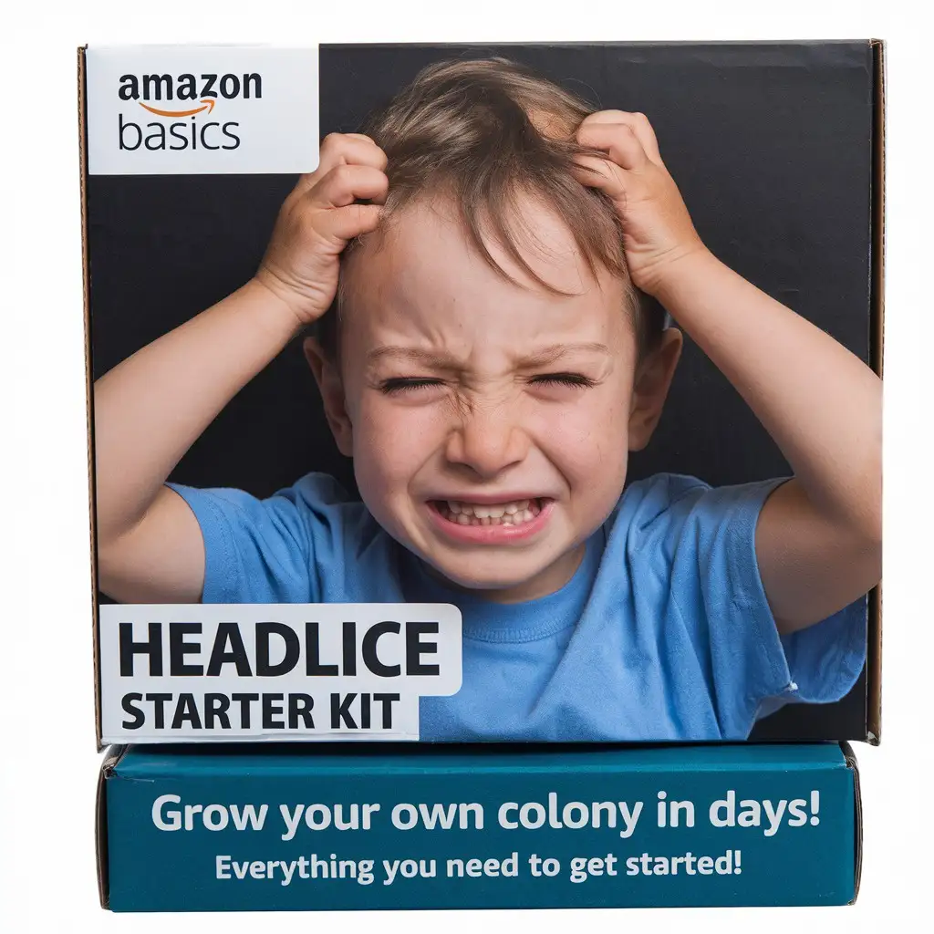 A child with a distressed, crying expression, hands clutching their head, is photoshopped onto the front of an Amazon Basics…