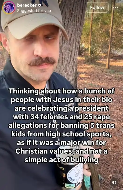 A man with a mustache and cap stands outdoors holding a can, overlaid with text criticizing Christians who celebrate a…
