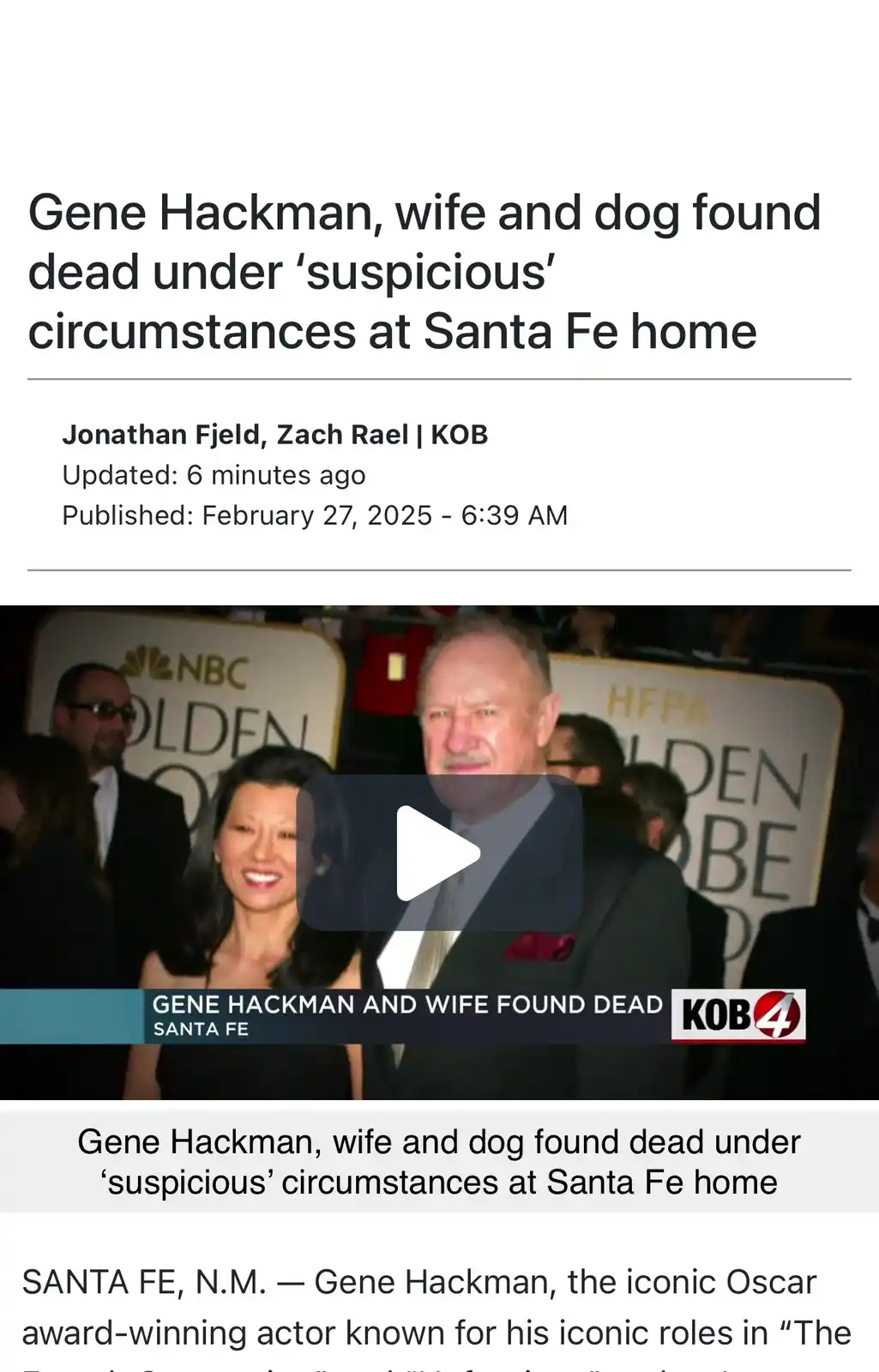 A screenshot of a news article with the headline 'Gene Hackman, wife and dog found dead under 'suspicious' circumstances at…