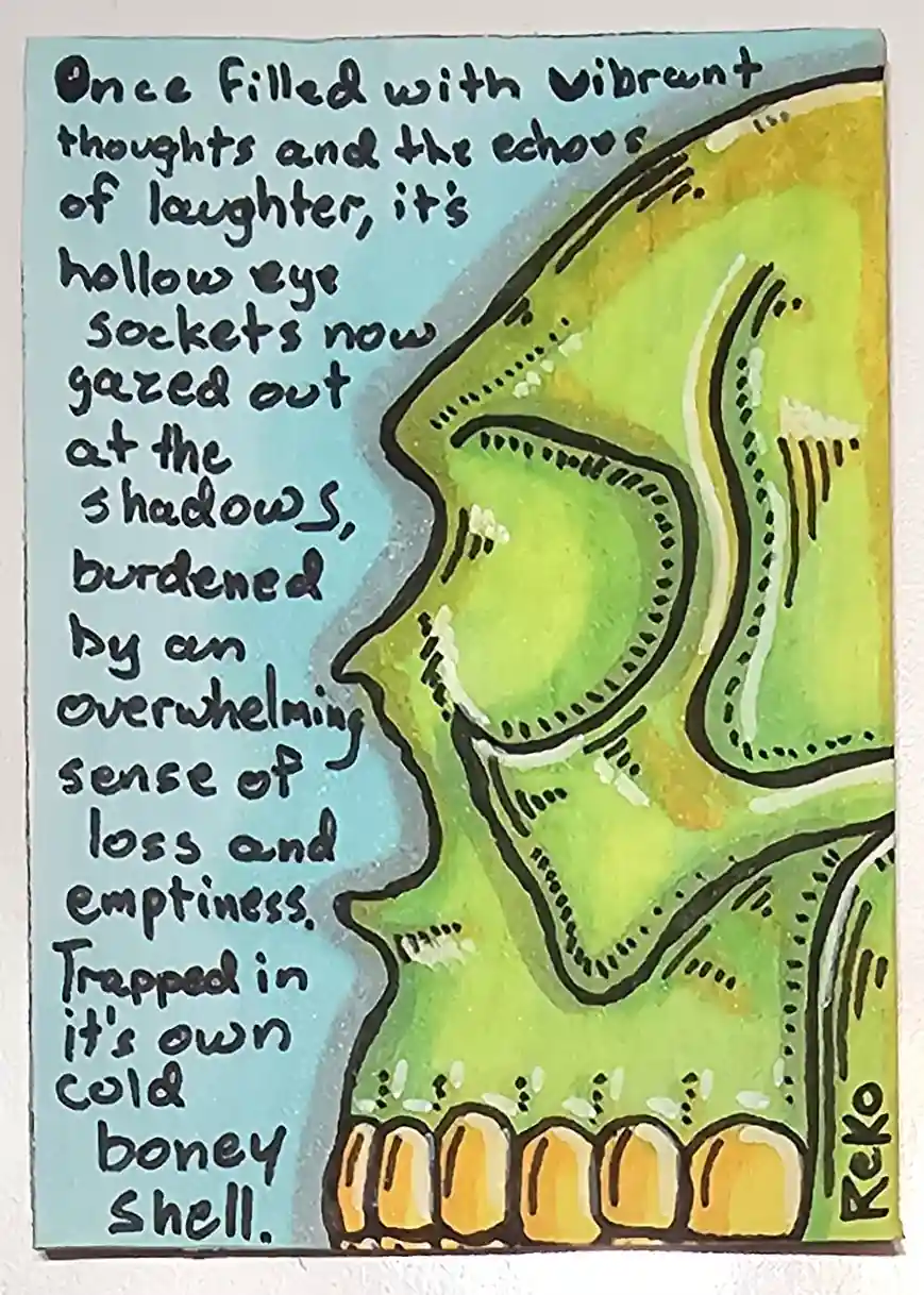 A hand-drawn illustration shows a green, stylized human skull in profile against a light blue background. The skull has…
