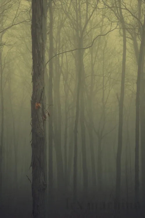 A misty, eerie forest with bare trees and a single tree trunk in the foreground, overlaid with the text 'lex machina' in a…