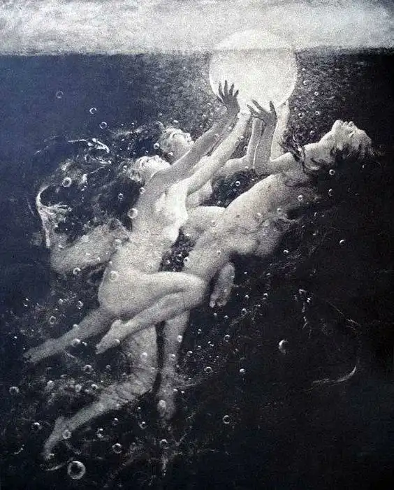 A black-and-white vintage-style painting depicts three nude figures submerged in dark water, reaching upward with…