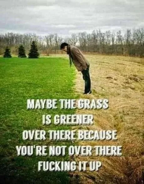 A man in a brown jacket and dark pants stands at the edge of a field, bending over to look at the lush green grass on one…