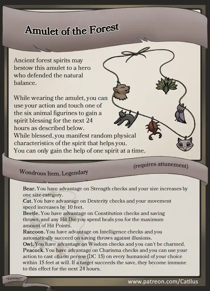 An illustrated fantasy item card titled 'Amulet of the Forest' shows a necklace with six animal charms: bear, cat, beetle…