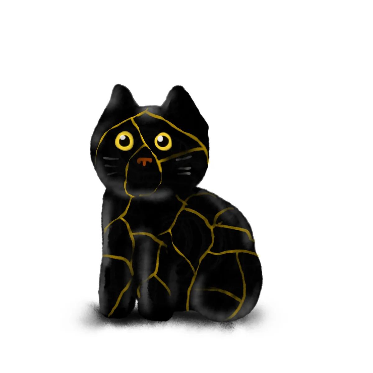 A cartoon black cat with large yellow eyes and an orange nose sits against a white background, its body and face decorated…