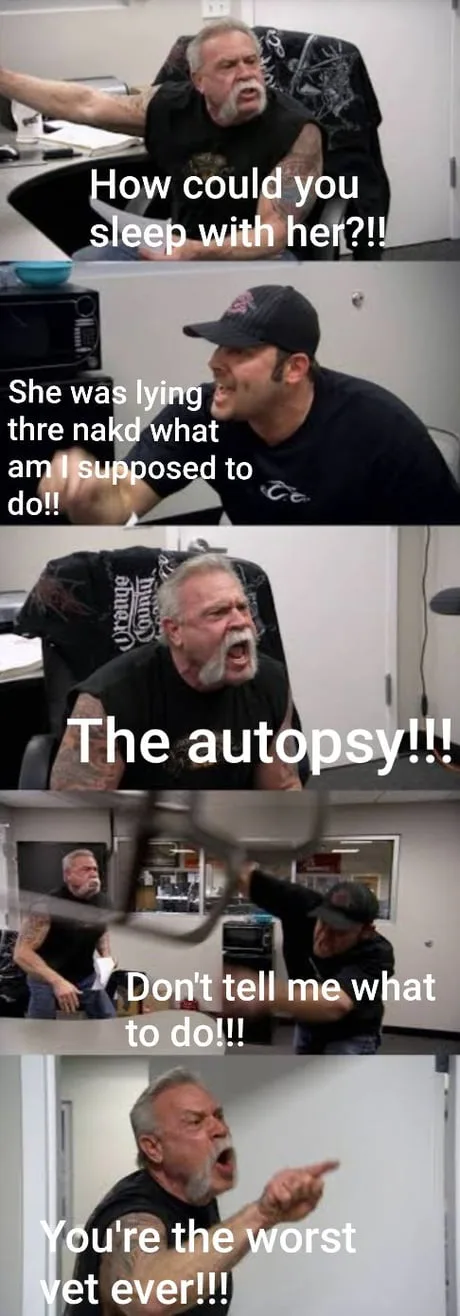 A four-panel meme featuring two men in an office setting. The first man, with a white beard and tattoos, angrily asks 'How…