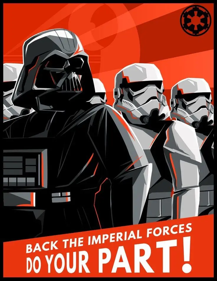 A stylized propaganda poster features Darth Vader leading Stormtroopers against a red background with the Galactic Empire…