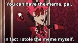 An anime-style character with pink hair and red eyes, wearing a red outfit, stands in a doorway holding a small object. The…