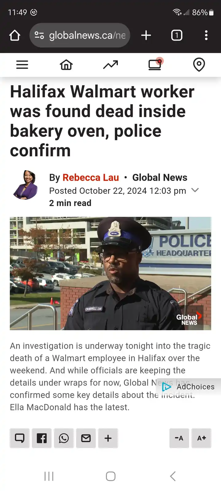 A screenshot of a Global News article headline about a Walmart worker found dead in a bakery oven in Halifax, overlaid with…