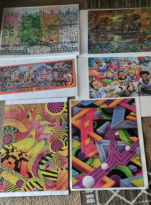Six completed jigsaw puzzles are laid out on a carpet, featuring diverse scenes: a busy dog park, a jungle with elephants, a…