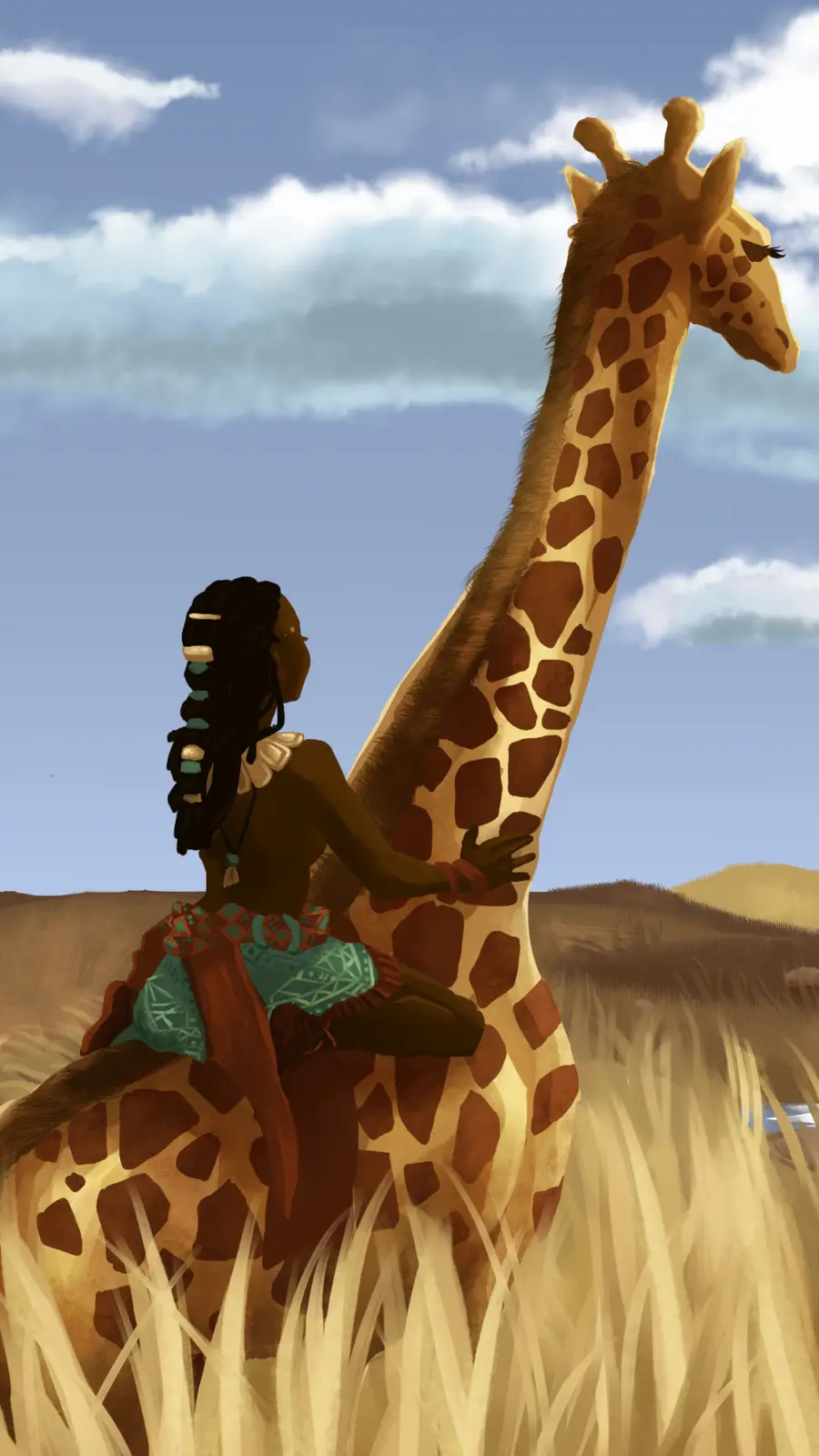 A digital illustration shows a person with braided hair and patterned clothing sitting atop a giraffe in a savanna with tall…