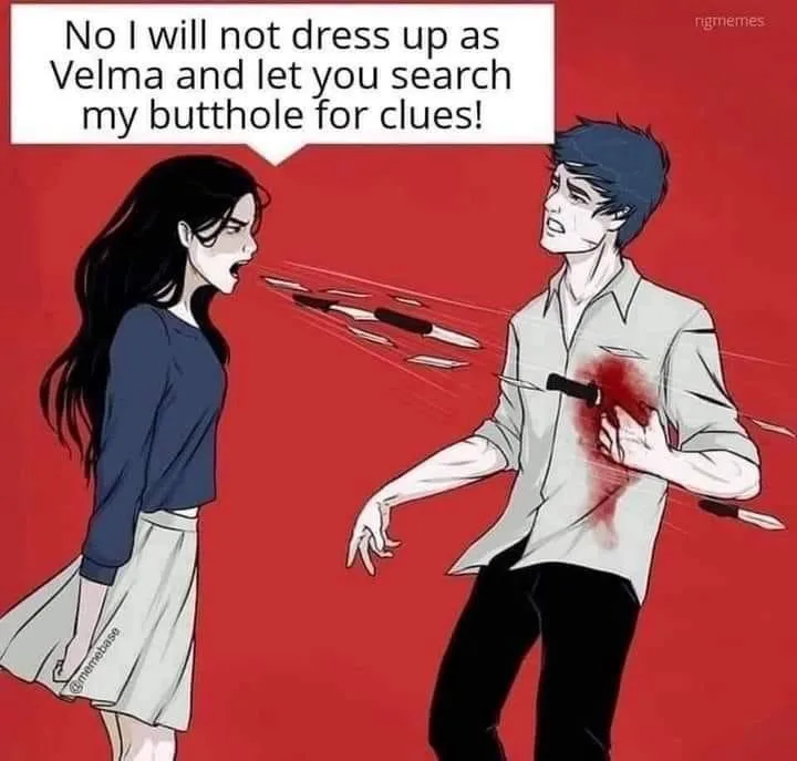An anime-style illustration shows a woman yelling at a man while multiple knives fly toward him. The man is wounded in the…