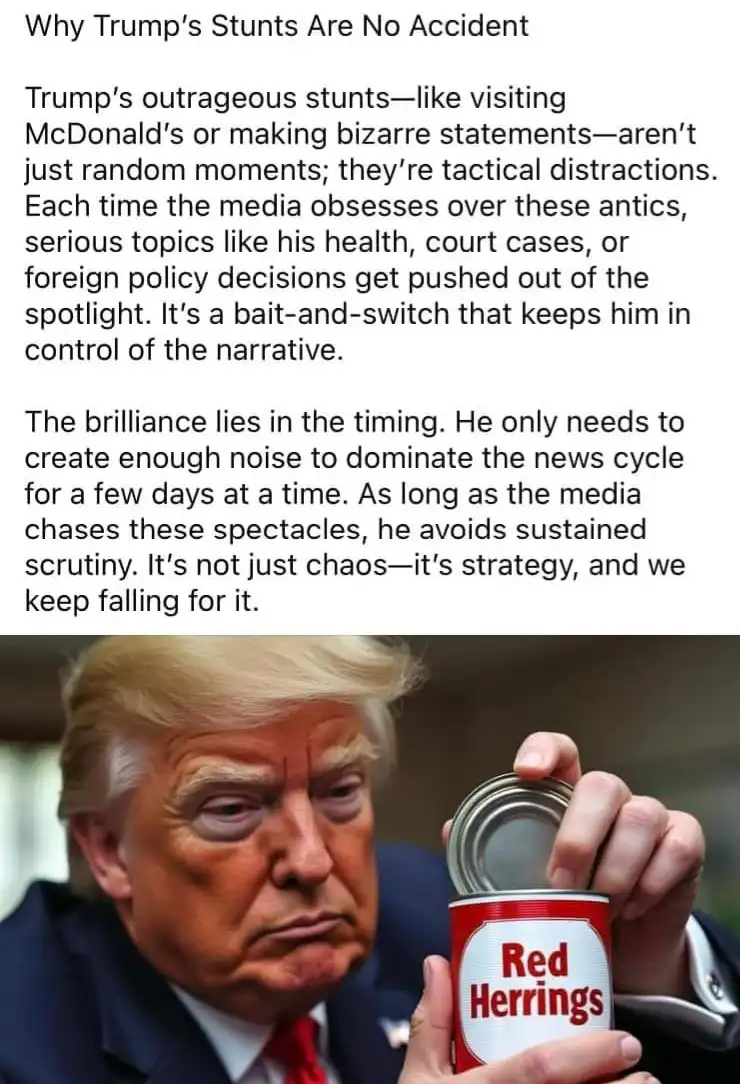 A photo of Donald Trump holding an open can labeled 'Red Herrings' while looking intently at it. The image is overlaid with…