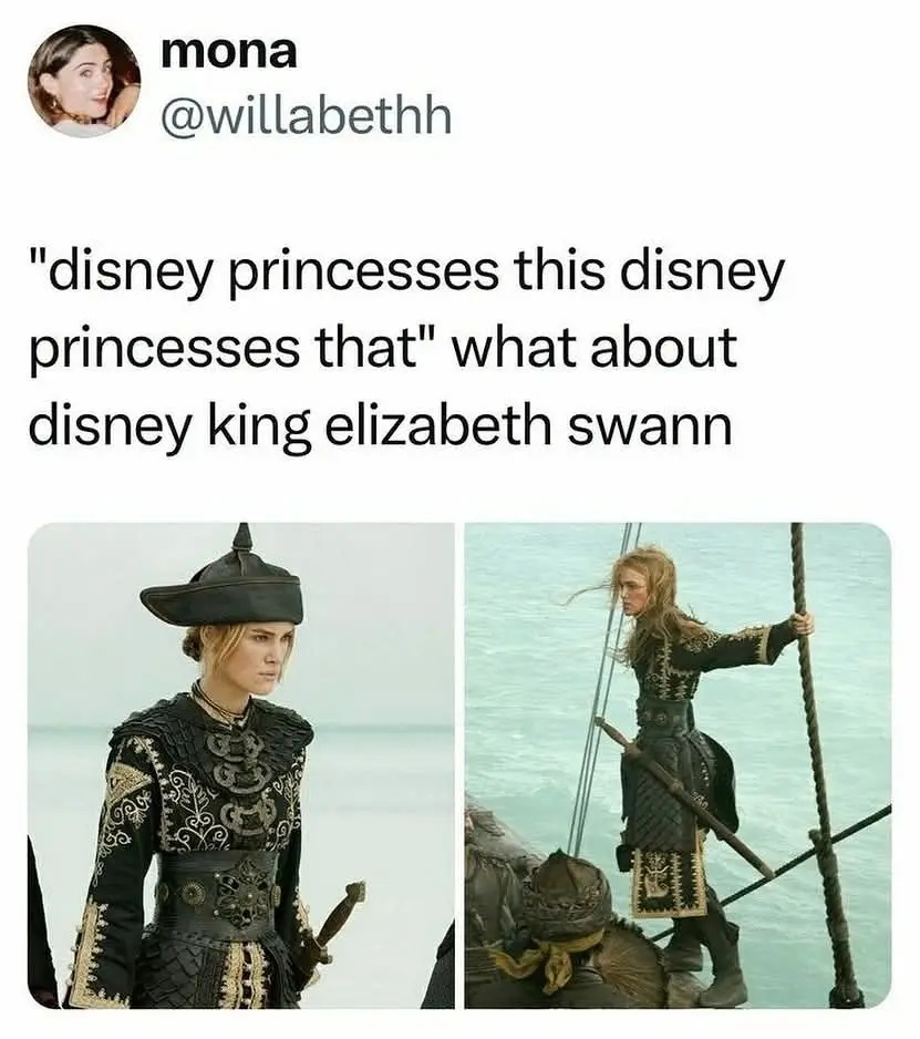 Two side-by-side images show Elizabeth Swann from the Pirates of the Caribbean films, dressed in ornate black and gold…