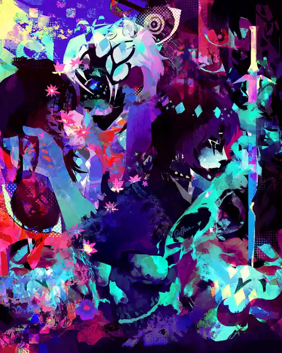 A vibrant, glitch-art style digital illustration featuring multiple anime-style characters in a chaotic, colorful collage…