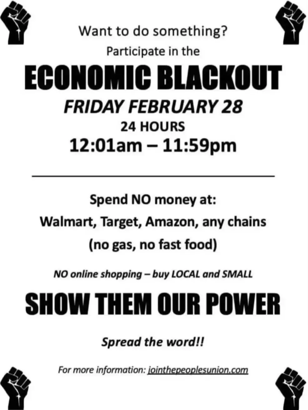 A black-and-white flyer with raised fist icons at each corner promotes an 'Economic Blackout' on Friday, February 28, from…