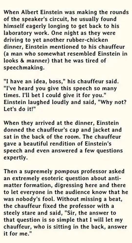 The image displays a full-text narrative in black serif font on a cream-colored background, telling a humorous anecdote…