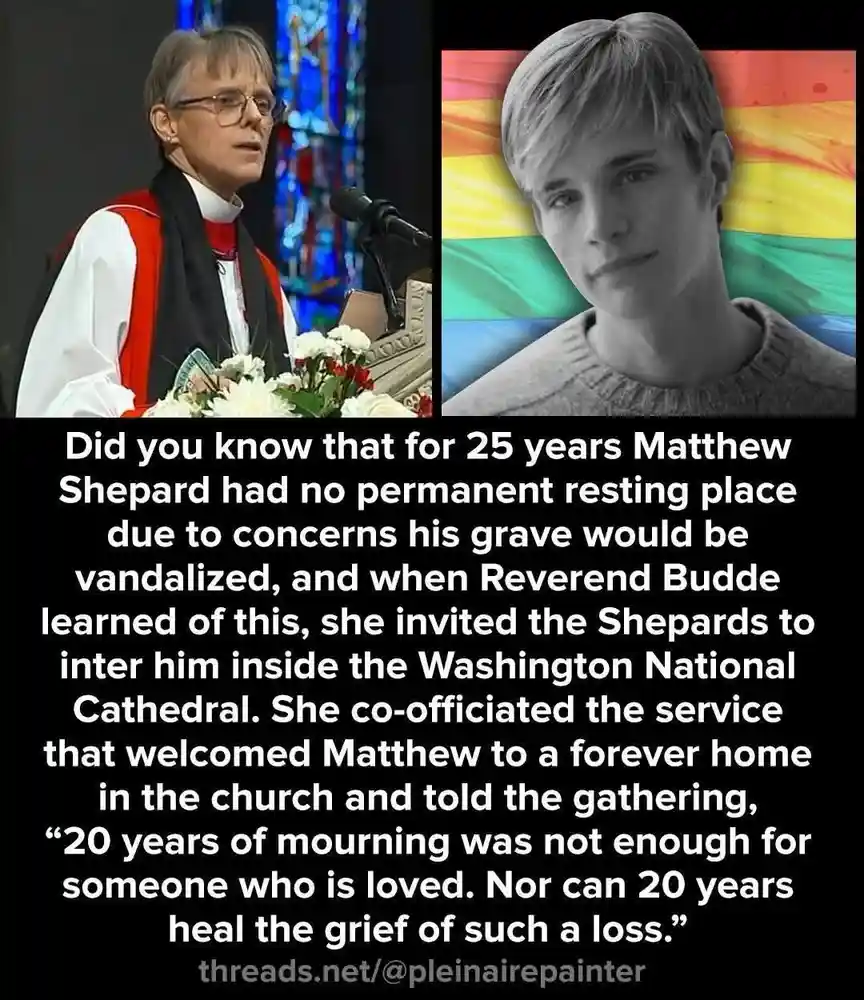 The image is a split-screen meme. On the left, a woman in clerical robes stands at a pulpit in front of stained glass…