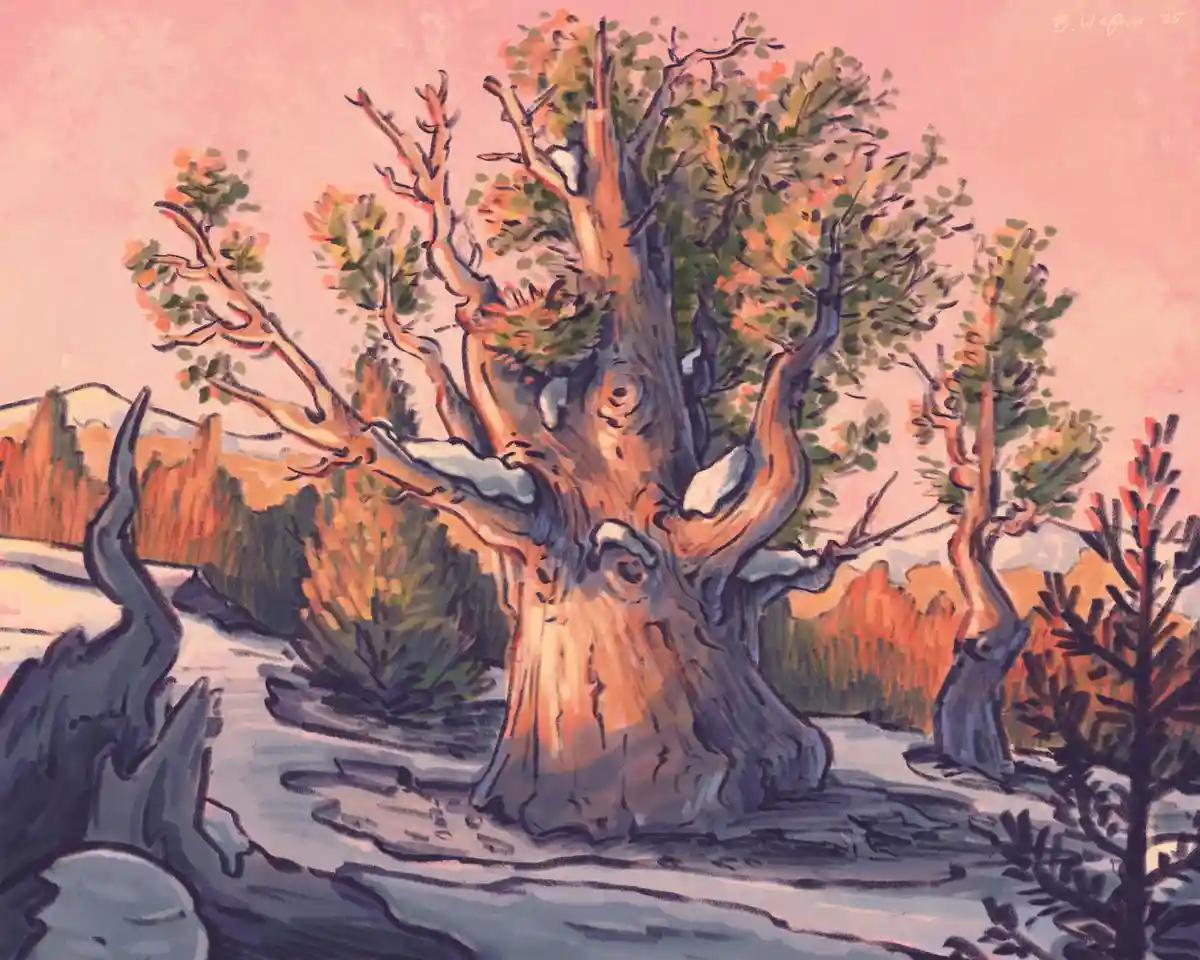 A stylized painting of a large, gnarled tree with many branches and sparse foliage, standing in a snowy landscape with…
