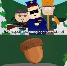A still from South Park shows three characters—two men in police uniforms and one in a green jacket—looking terrified as a…